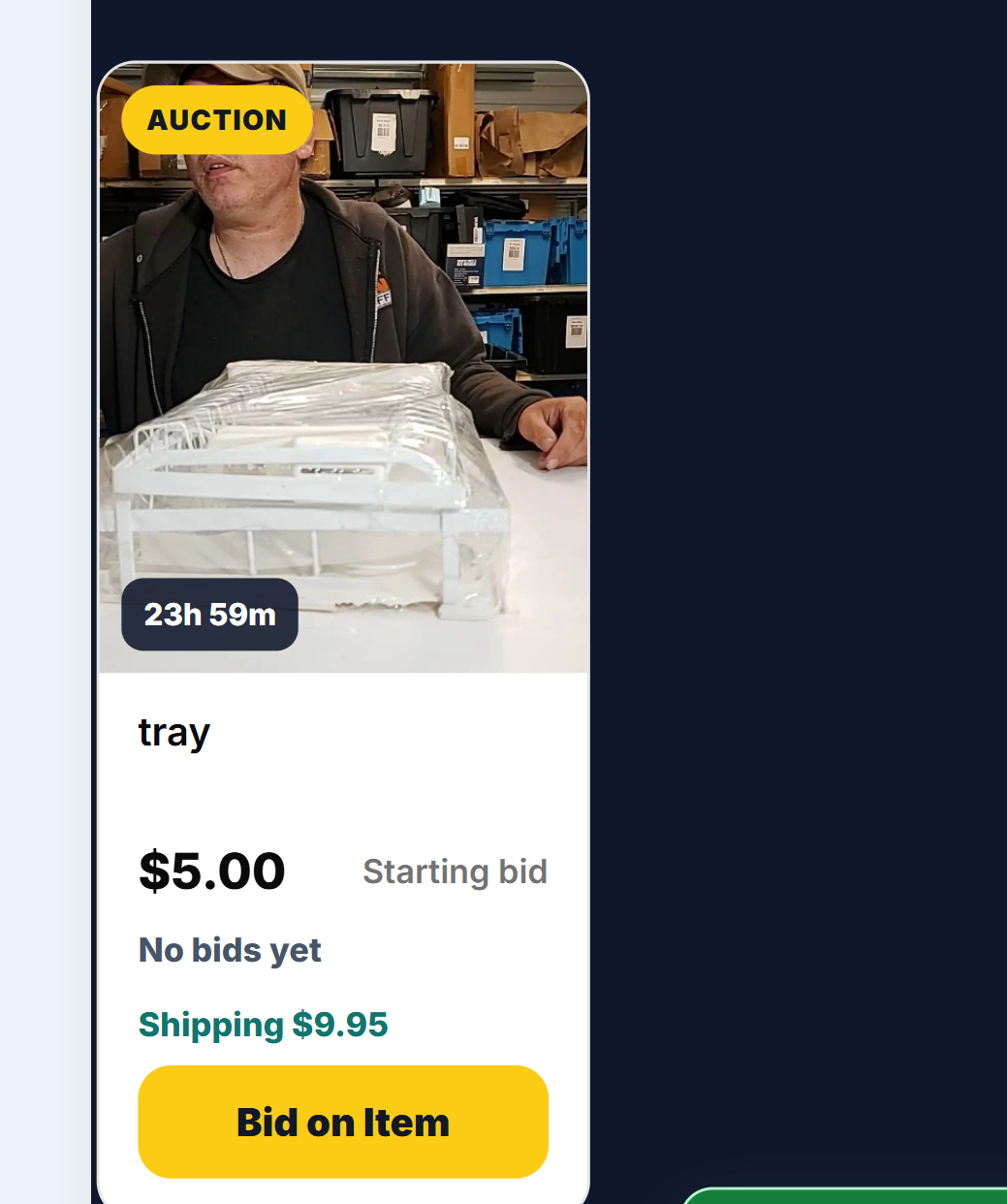 Auction-style listing with countdown, starting bid, shipping, and bid button