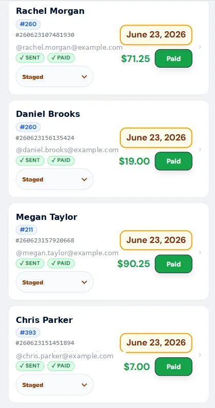 Mobile invoice list showing sent, paid, staged, and customer totals