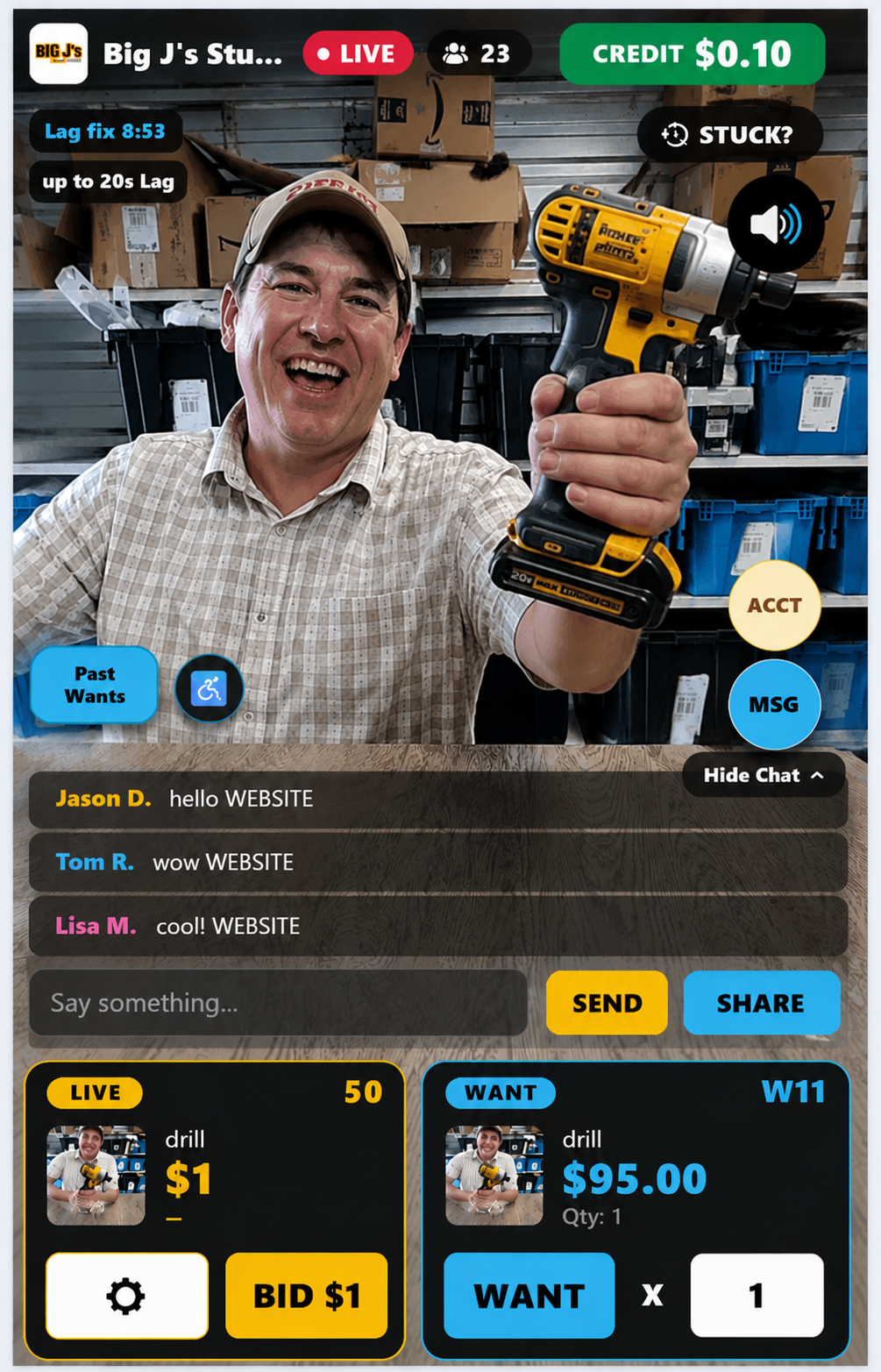 LiveSellBuy mobile live sale screen with chat, buy, bid, and want controls