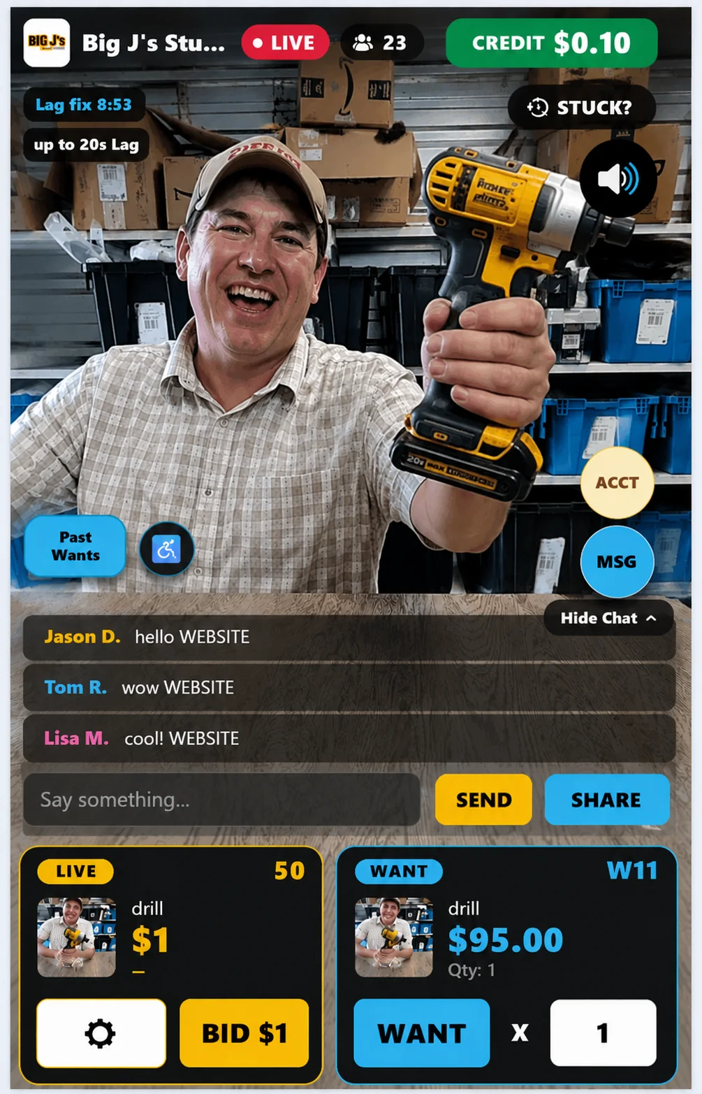 LiveSellBuy mobile live sale screen with chat, buy, bid, and want controls