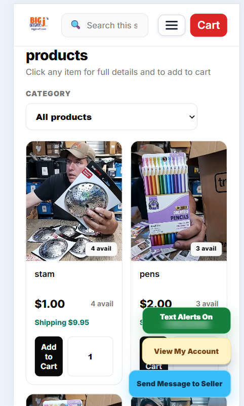 Mobile storefront showing products, cart, account, and seller message buttons